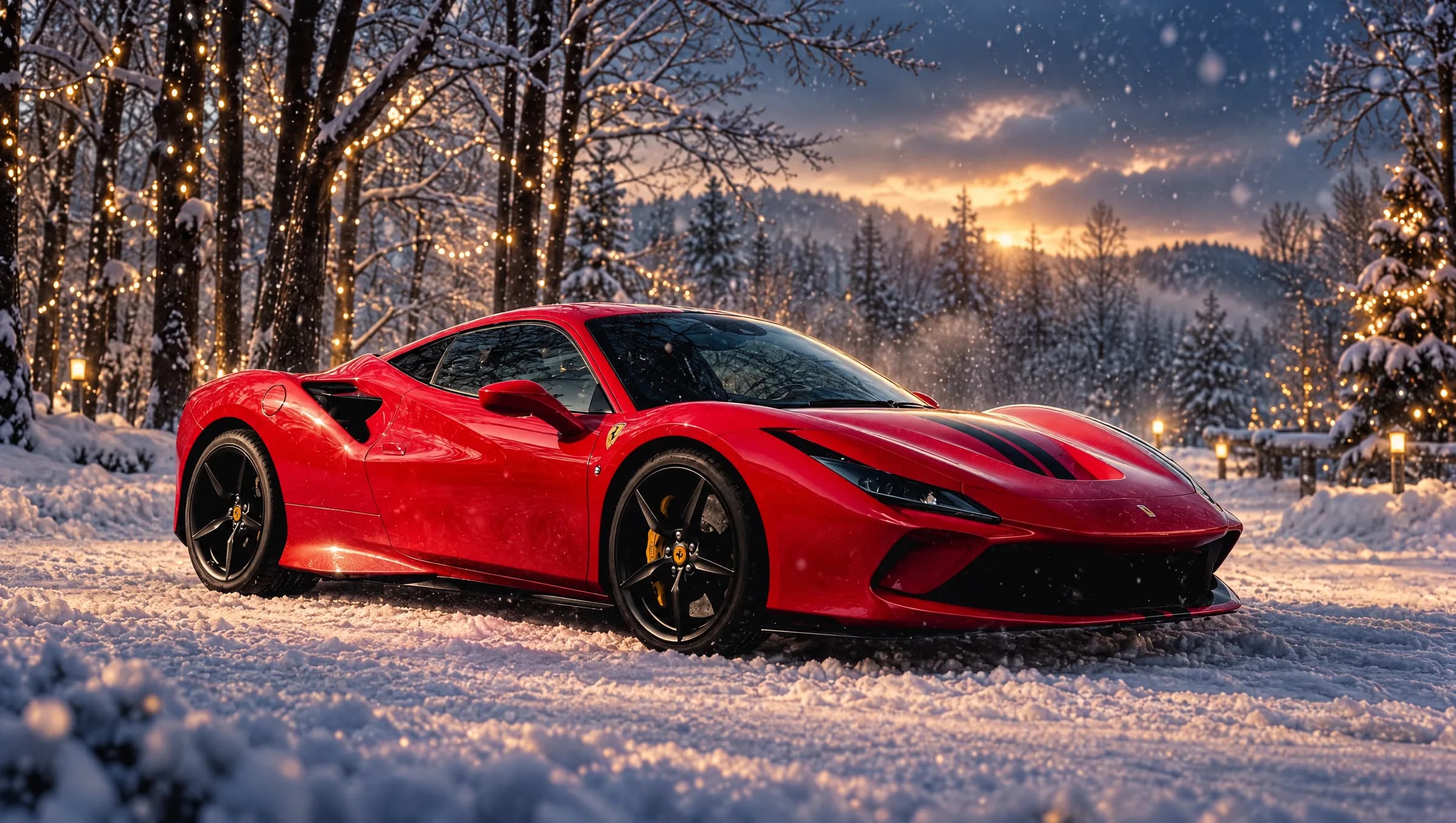 KI-generierte Winteraufnahme eines Ferrari F8 Tributo aus der Flotte